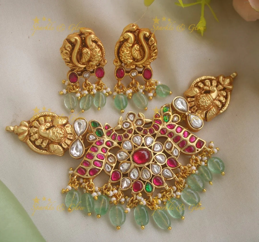 Intricately Carved Dual Tone Peacock Floral Jadau Choker with Mint green beads - Sparkle and Glow