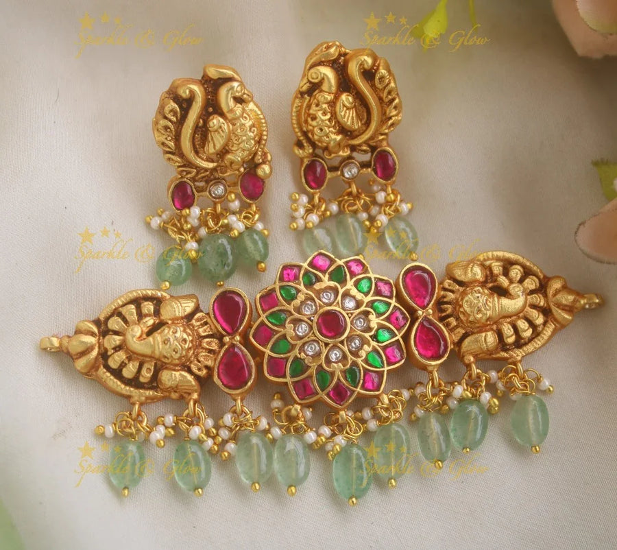 Stunning Sunflower design Jadau Choker with Mint green beads - Sparkle and Glow