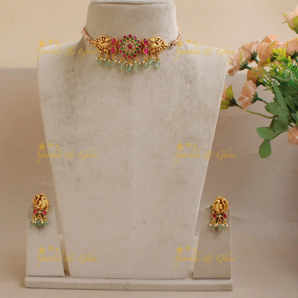 Stunning Sunflower design Jadau Choker with Mint green beads - Sparkle and Glow
