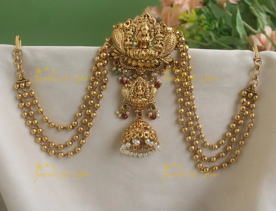 Idol Lakshmi Mango Peacock carved Jada billa with maatil with Ruby-green pearl beads - Sparkle and Glow