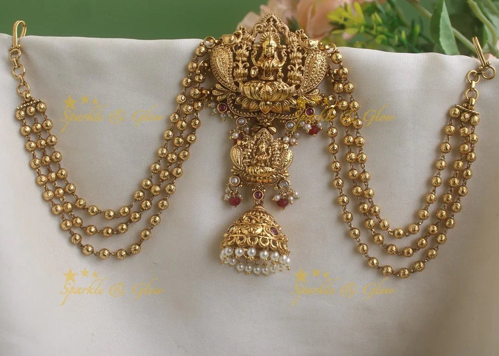 Idol Lakshmi Mango Peacock carved Jada billa with maatil with Ruby-green pearl beads - Sparkle and Glow