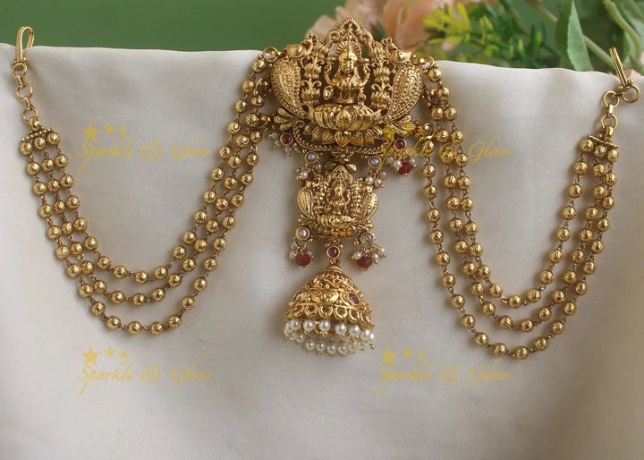 Idol Lakshmi Mango Peacock carved Jada billa with maatil with Ruby-green pearl beads - Sparkle and Glow