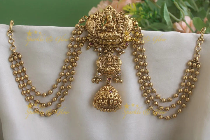 Idol Lakshmi Mango Peacock carved Jada billa with maatil with Ruby-green pearl beads - Sparkle and Glow