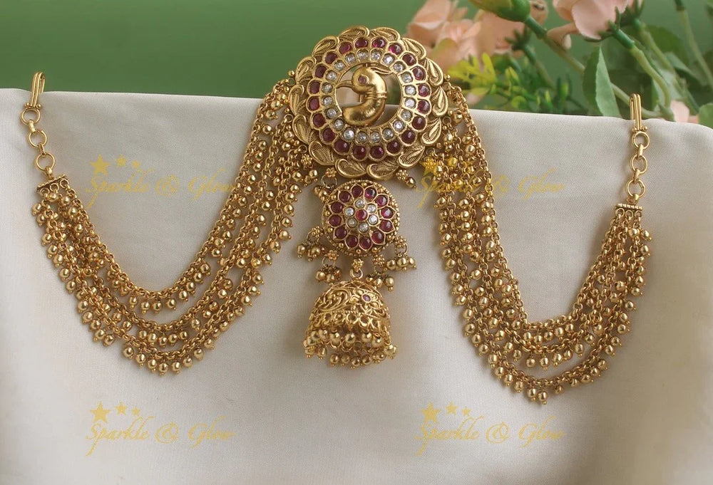 Stunning Peacock carved and red stones Jada billa with maatil - gold beads chain - Sparkle and Glow