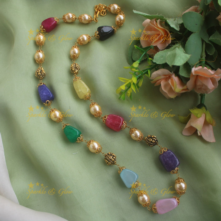 Elegant Beaded Mala with Pearls and Pink Green Beads