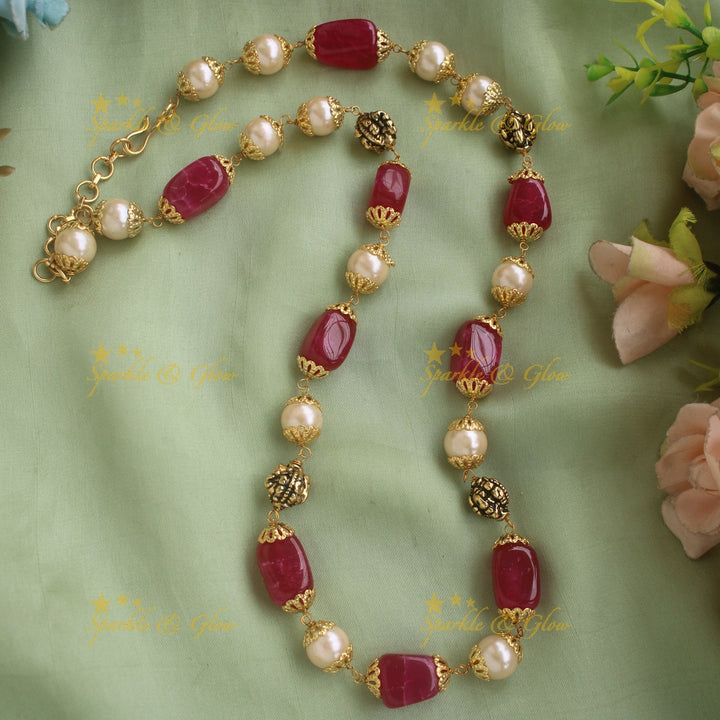 Elegant Beaded Mala with Pearls and Pink Green Beads
