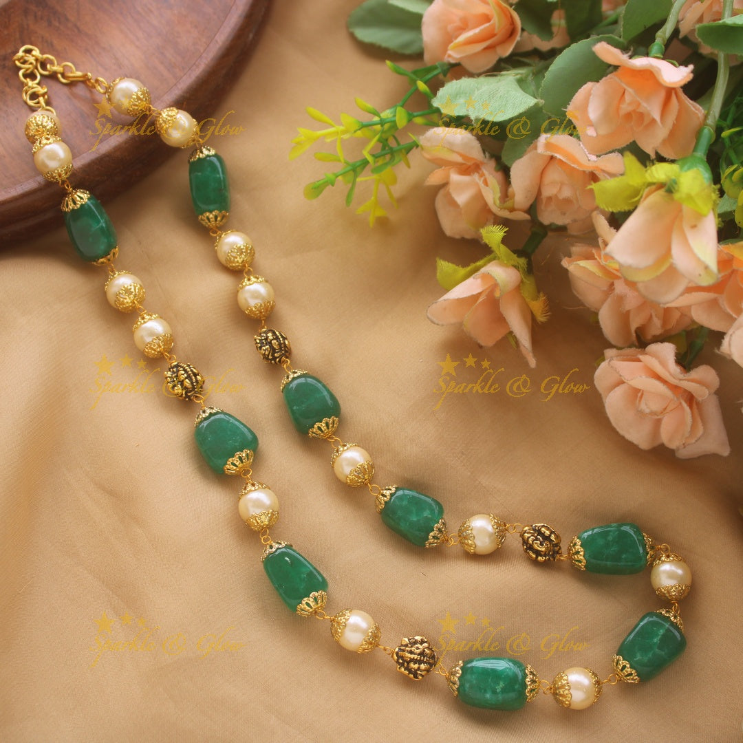 Elegant Beaded Mala with Pearls and Green Beads