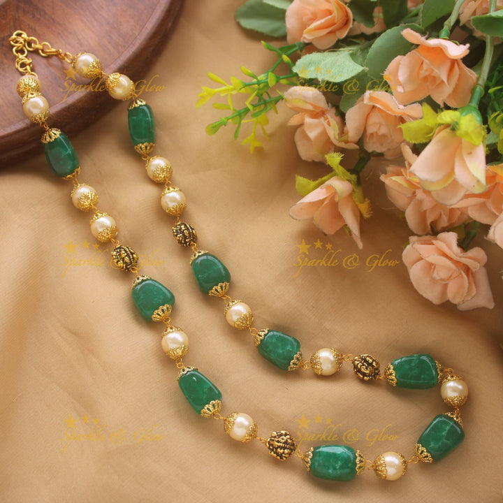Elegant Beaded Mala with Pearls and Green Beads