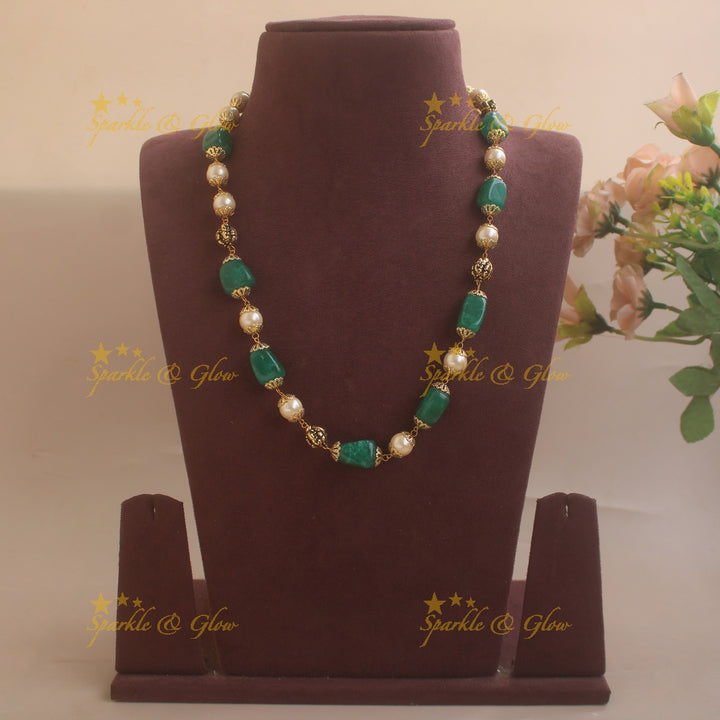 Elegant Beaded Mala with Pearls and Green Beads