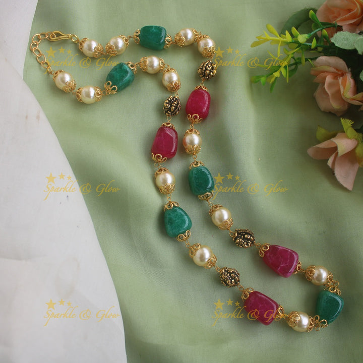 Elegant Beaded Mala with Pearls and Green Beads