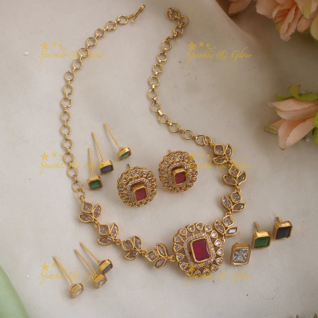 Stunning Leaf Floral AD Choker with Interchangeable Stones - Sparkle and Glow