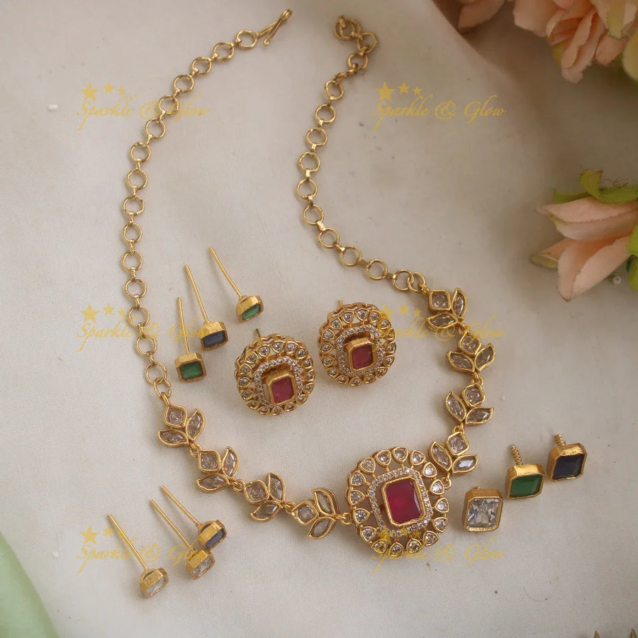 Stunning Leaf Floral AD Choker with Interchangeable Stones - Sparkle and Glow