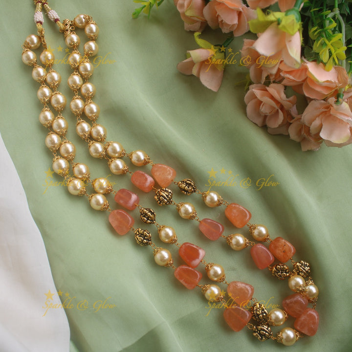Stunning Two Layer Beaded Mala with Pearls and Peach beads