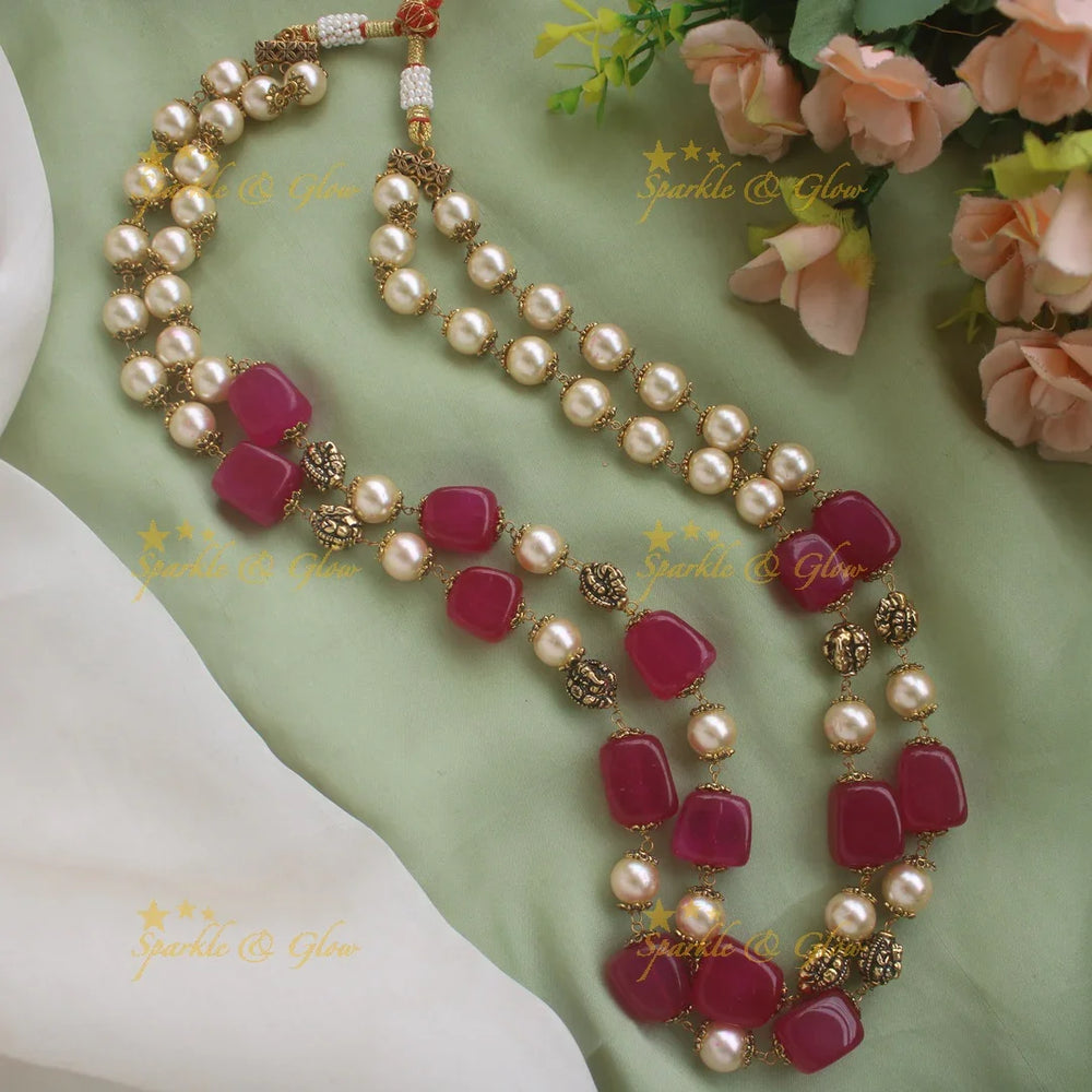 Stunning Two Layer Beaded Mala with Pearls and Peach beads - Sparkle and Glow
