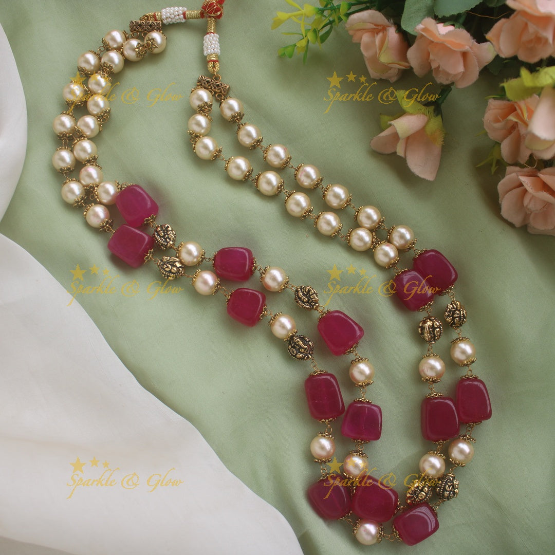 Stunning Two Layer Beaded Mala with Pearls and Peach beads