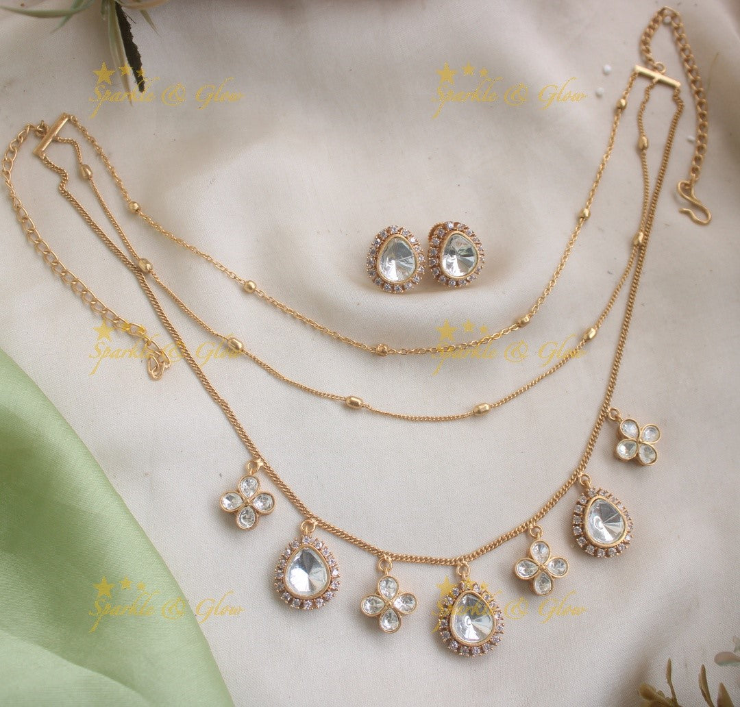 Elegant Three Layered Floral Short Necklace with AD stones