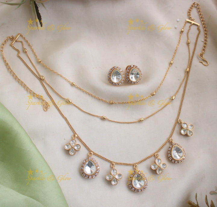 Elegant Three Layered Floral Short Necklace with AD stones