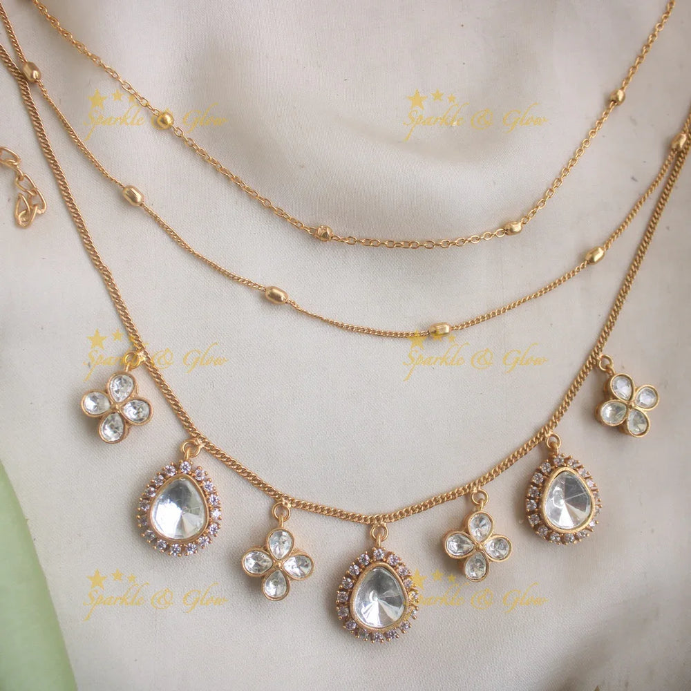 Elegant Three Layered Floral Short Necklace with AD stones - Sparkle and Glow