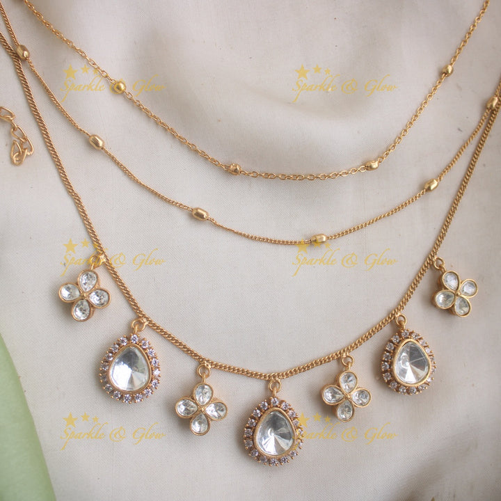 Elegant Three Layered Floral Short Necklace with AD stones
