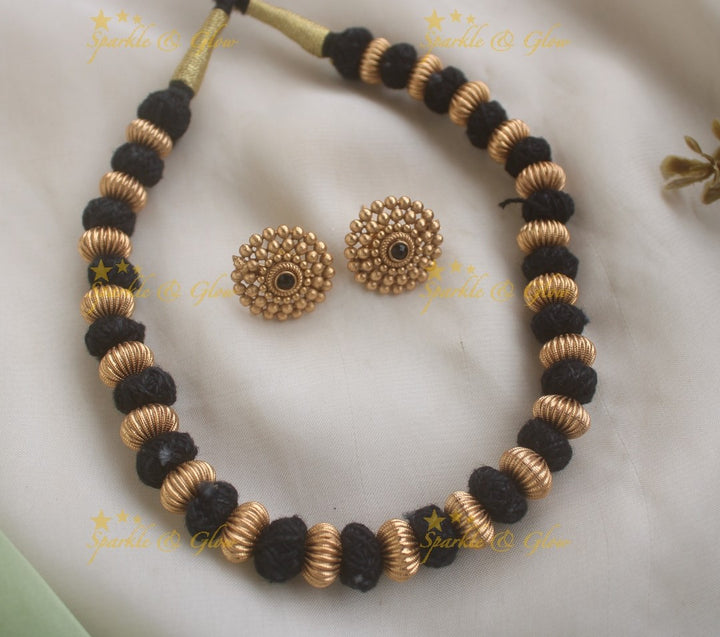 Statement Thread Necklace with Gold Floral Stud