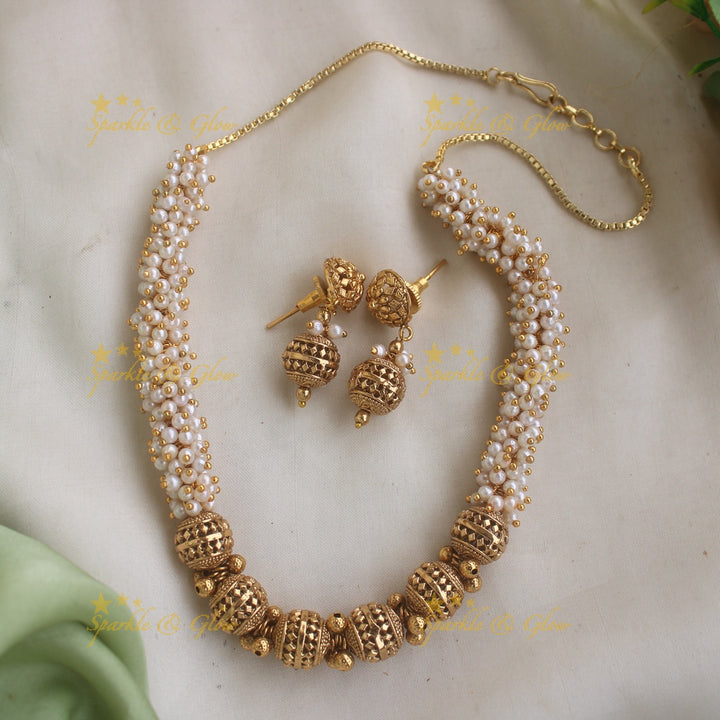 Statement Pearl Cluster and Gold Ball beaded Short necklace