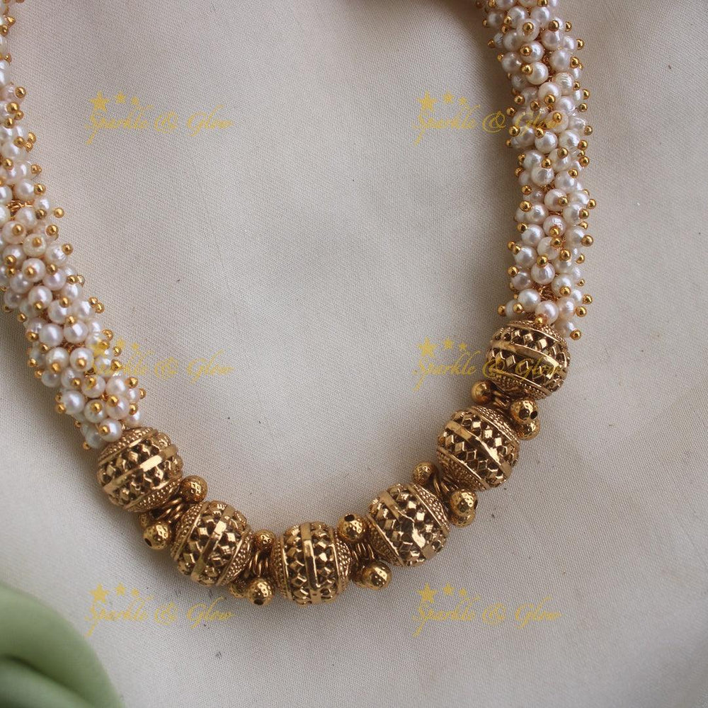 Statement Pearl Cluster and Gold Ball beaded Short necklace - Sparkle and Glow