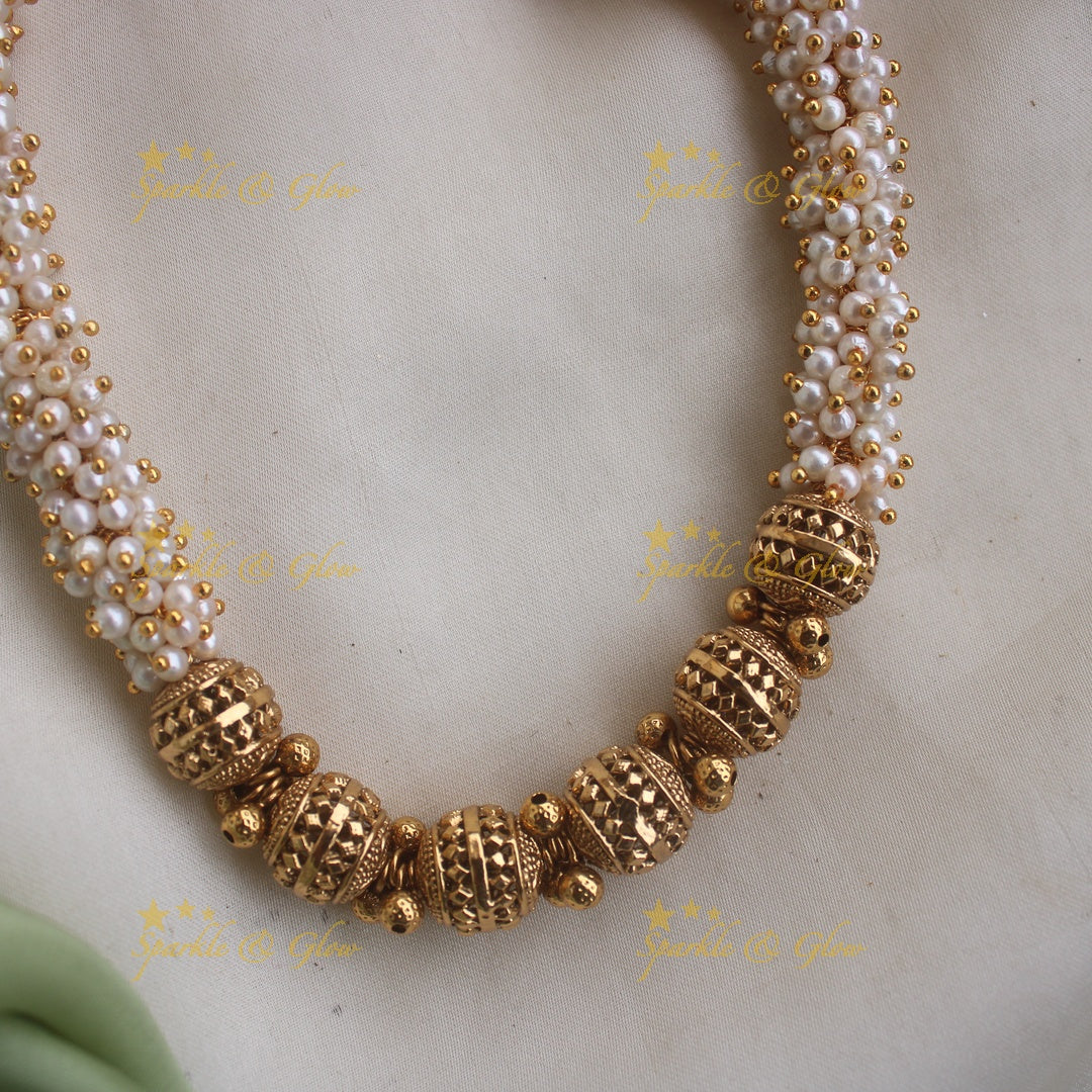 Statement Pearl Cluster and Gold Ball beaded Short necklace