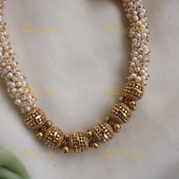 Statement Pearl Cluster and Gold Ball beaded Short necklace