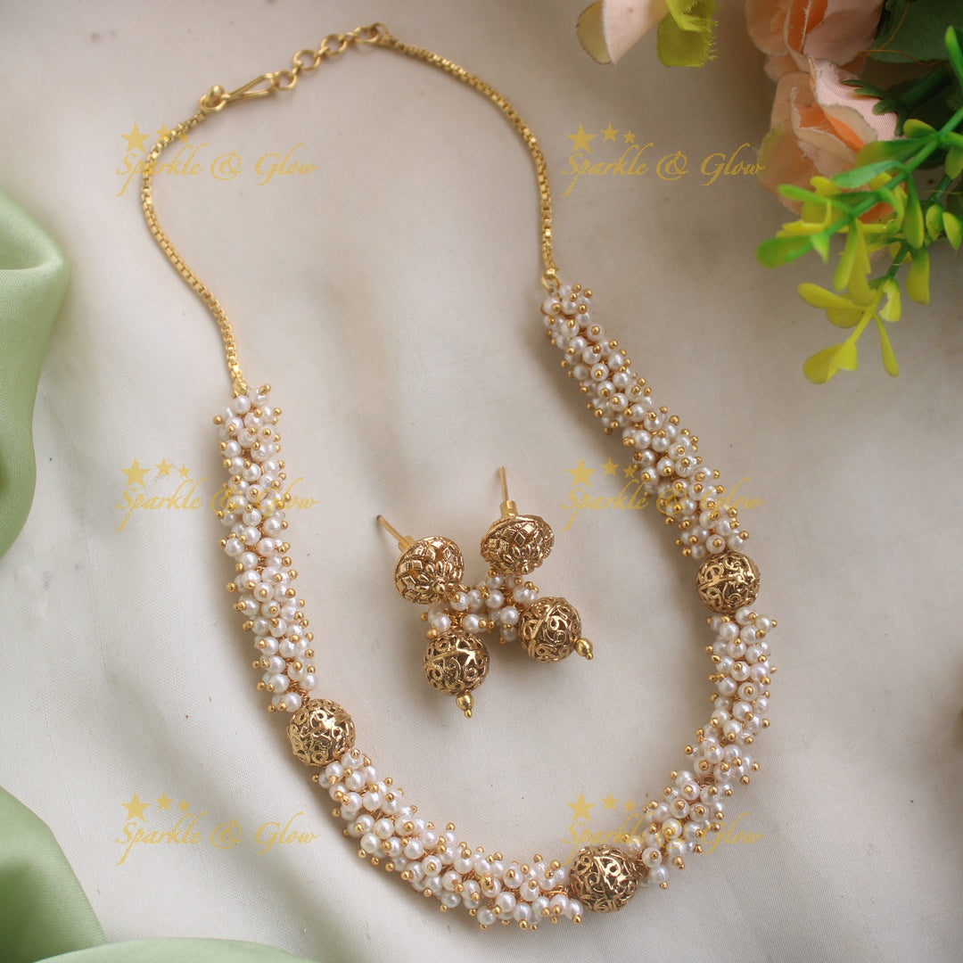 Statement Pearl cluster Short necklace with Gold Ball Beads
