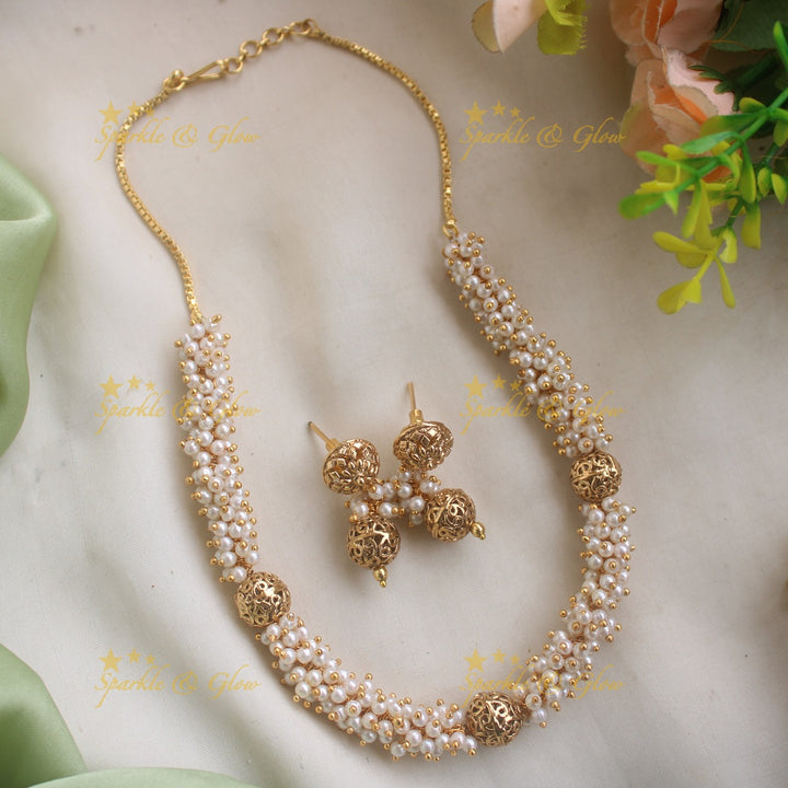 Statement Pearl cluster Short necklace with Gold Ball Beads