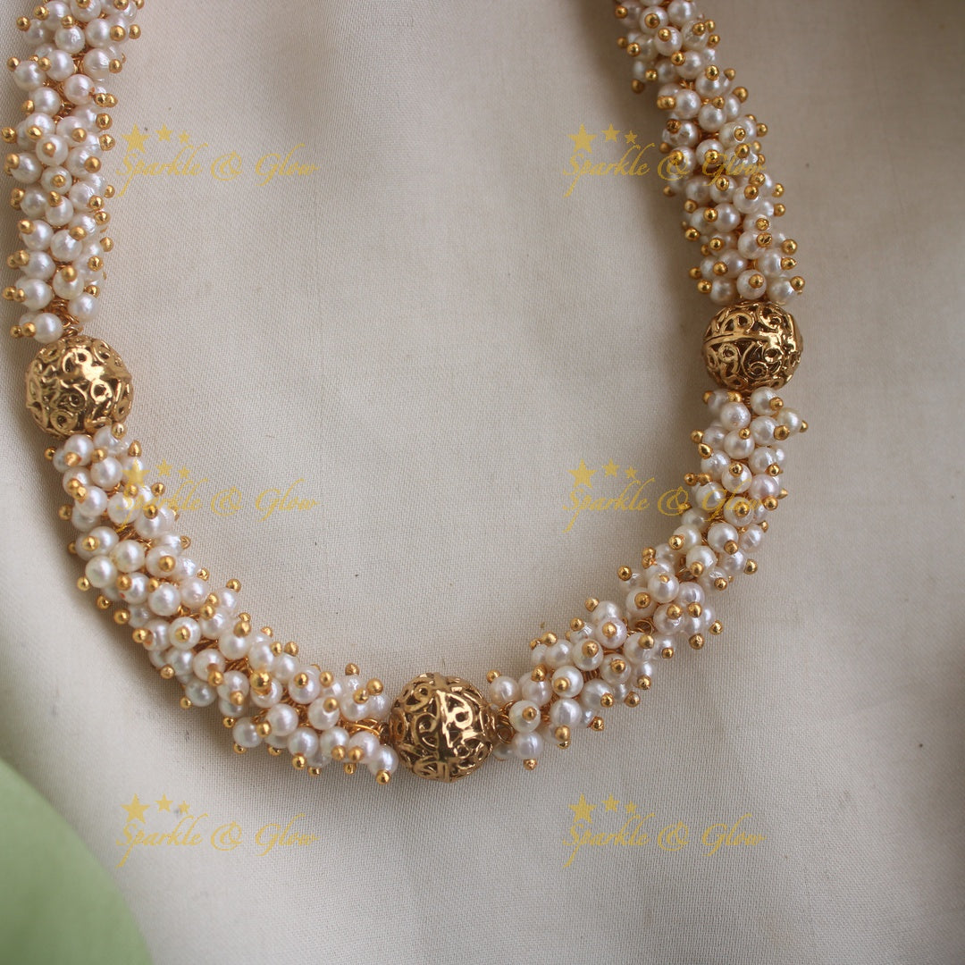 Statement Pearl cluster Short necklace with Gold Ball Beads
