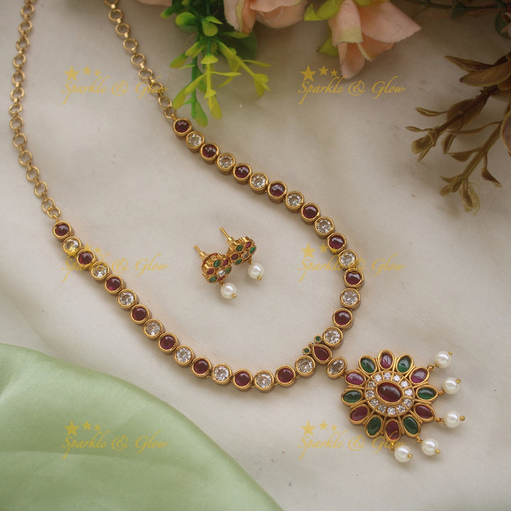 Stunning Floral Adigai Short necklace with Pearls- Multi