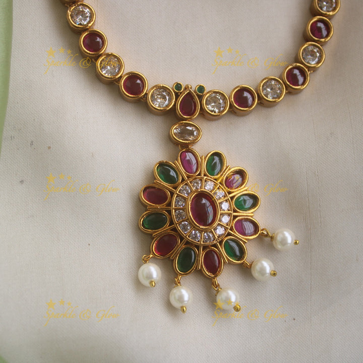 Stunning Floral Adigai Short necklace with Pearls- Multi