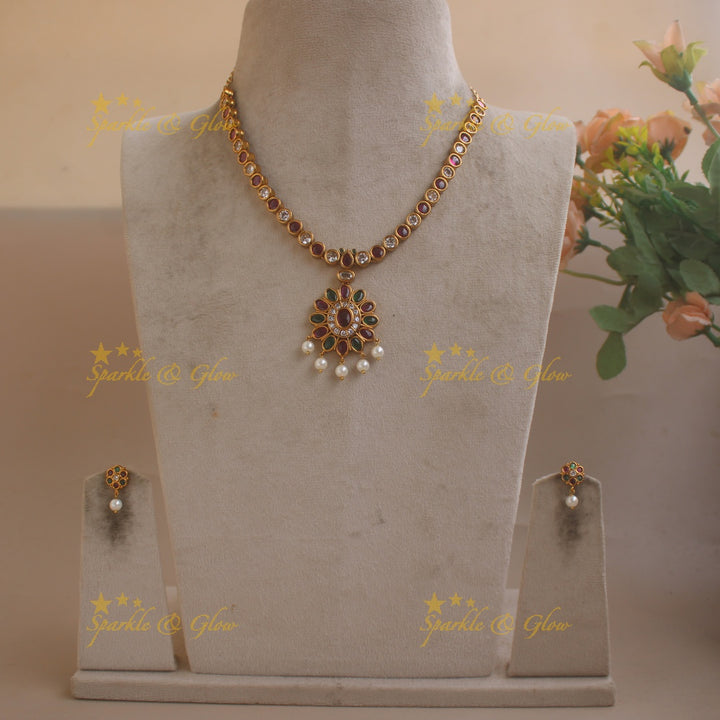 Stunning Floral Adigai Short necklace with Pearls- Multi