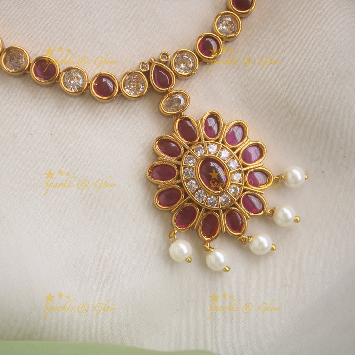 Stunning Floral Adigai Short necklace with Pearls- Pink-White