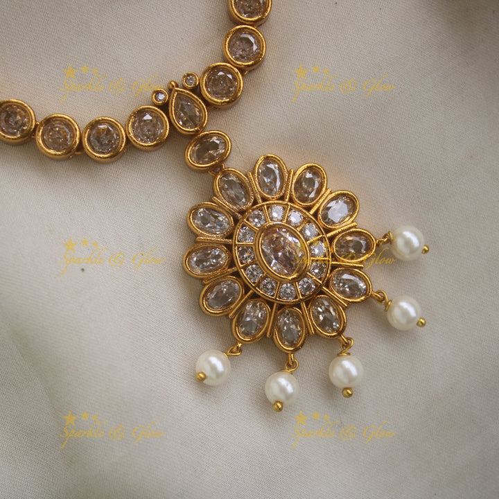 Stunning Floral Adigai Short necklace with Pearls- White