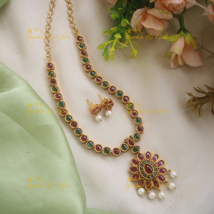 Stunning Floral Adigai Short necklace with Pearls- Pink-green