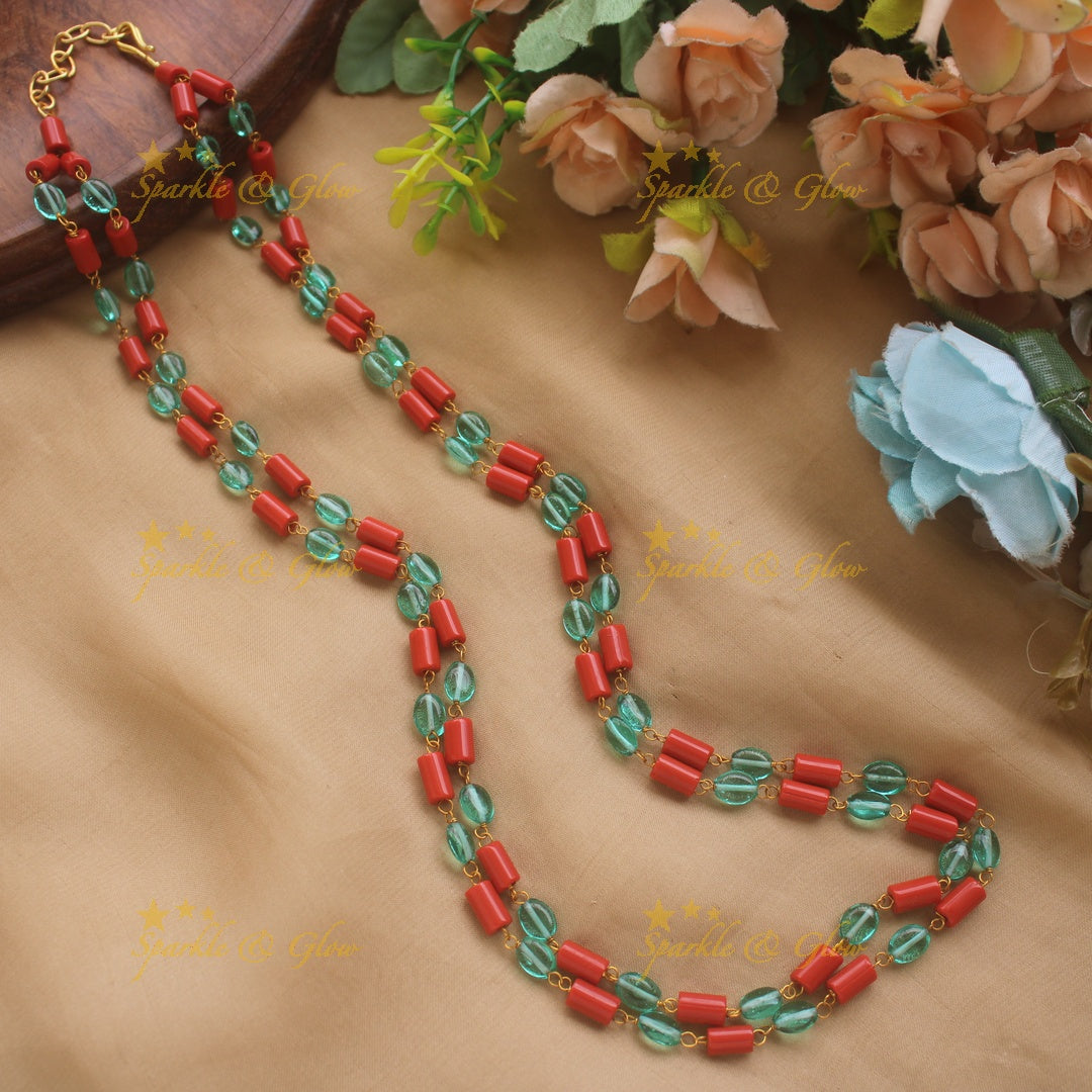 Statement Two Layered Beaded Mala with Corals and Mint green beads
