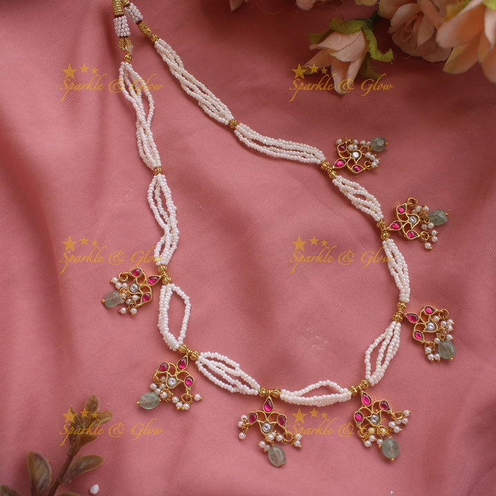 Statement Pearl Layered Floral Short necklace with Mint green beads