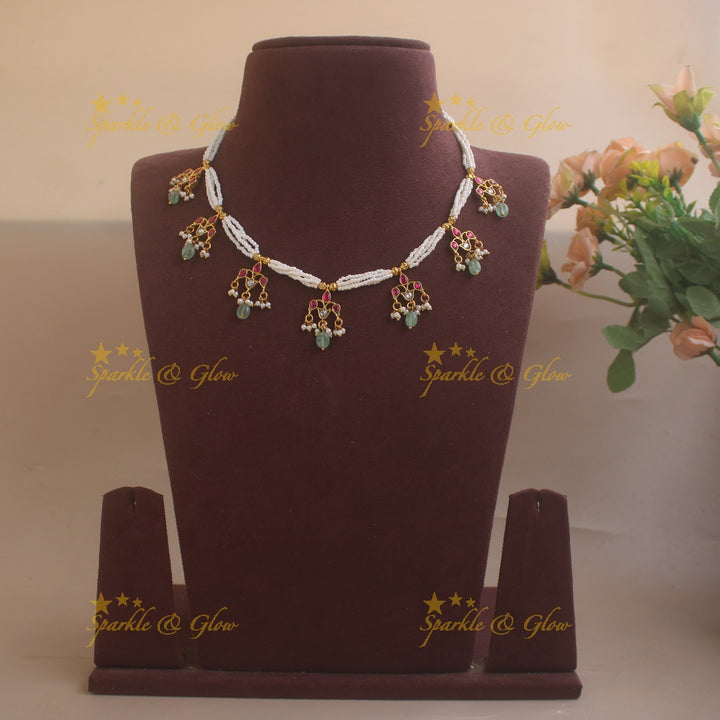 Statement Pearl Layered Floral Short necklace with Mint green beads
