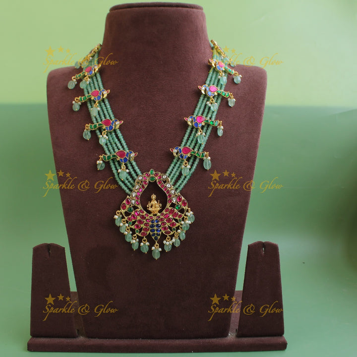 Exqisite Lakshmi Peacock design jadau Rani haram with multi layer mint green beads chain