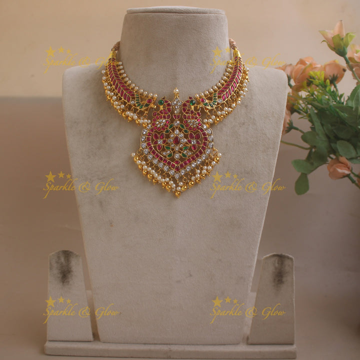 Stunning Peacock Floral Guttapusalu Jadau Necklace