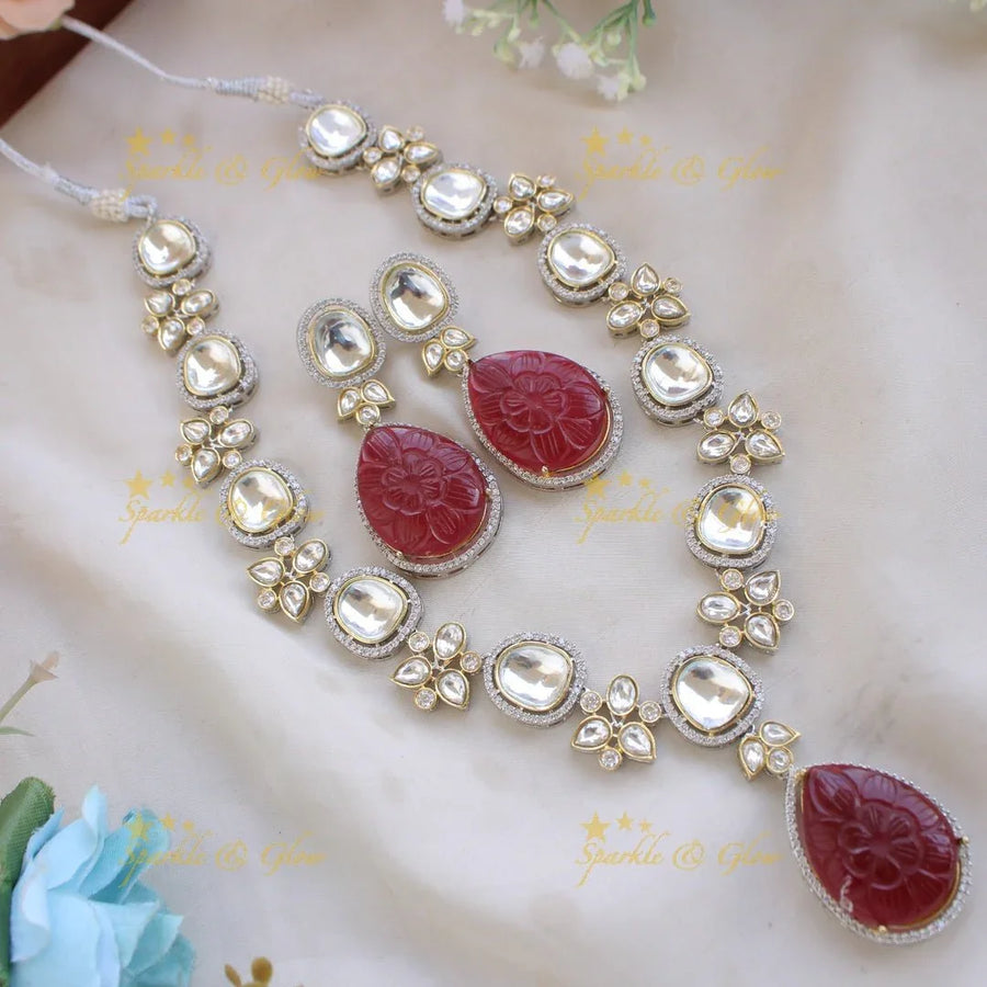 Elegant floral design victorian AD short necklace with stone drops - Sparkle and Glow