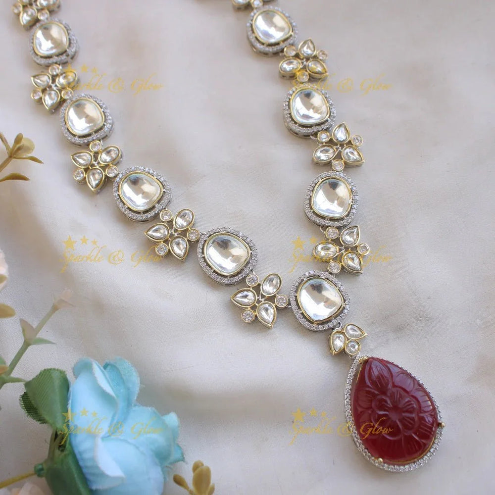 Elegant floral design victorian AD short necklace with stone drops - Sparkle and Glow