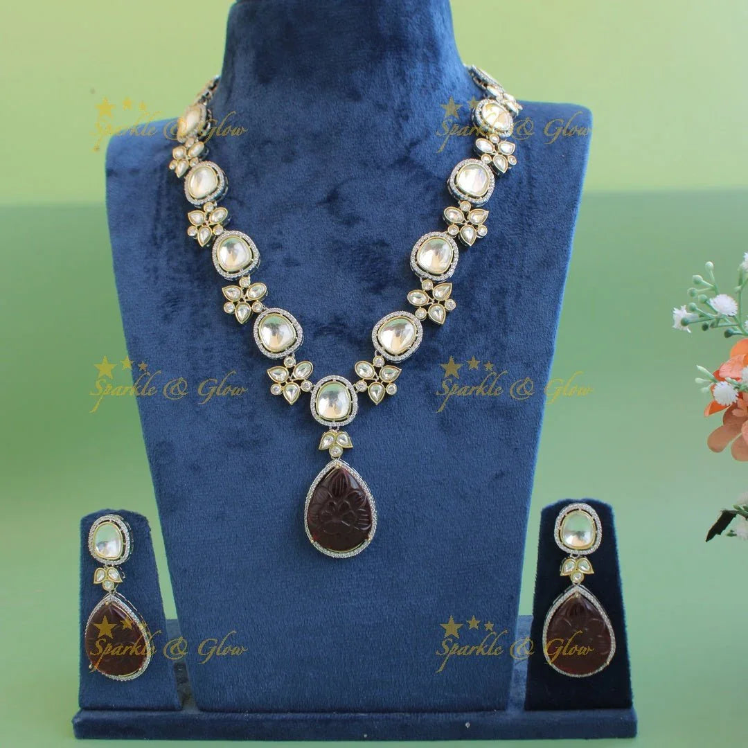 Elegant floral design victorian AD short necklace with stone drops - Sparkle and Glow