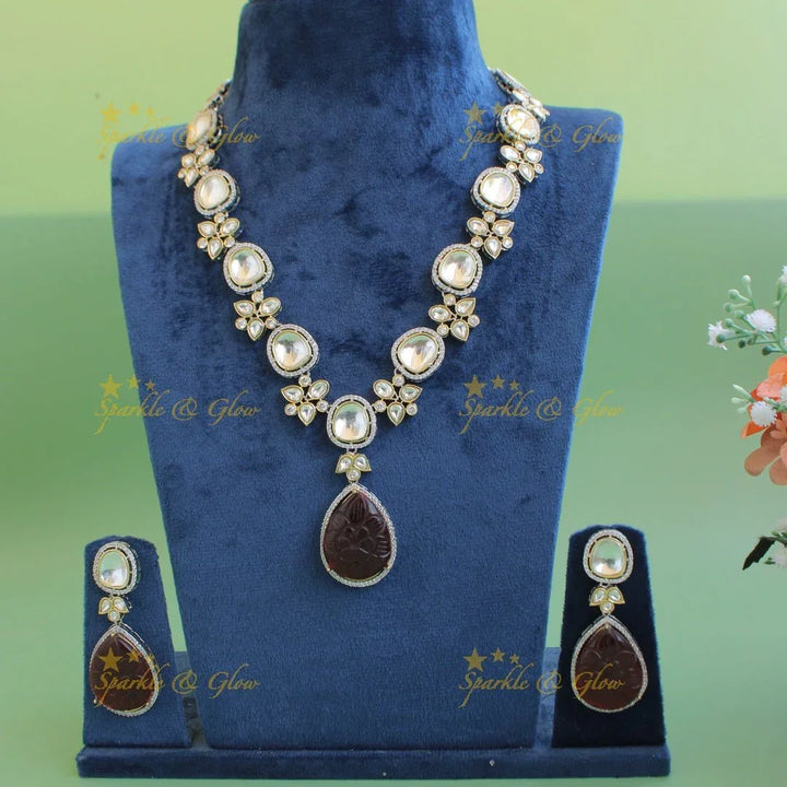 Elegant floral design victorian AD short necklace with stone drops - Sparkle and Glow
