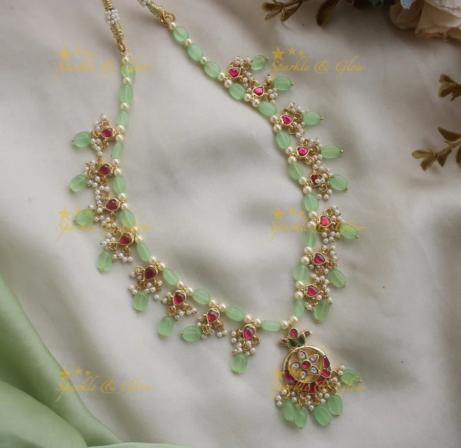 Statement Moon Floral short necklace with Mint green beads - Sparkle and Glow