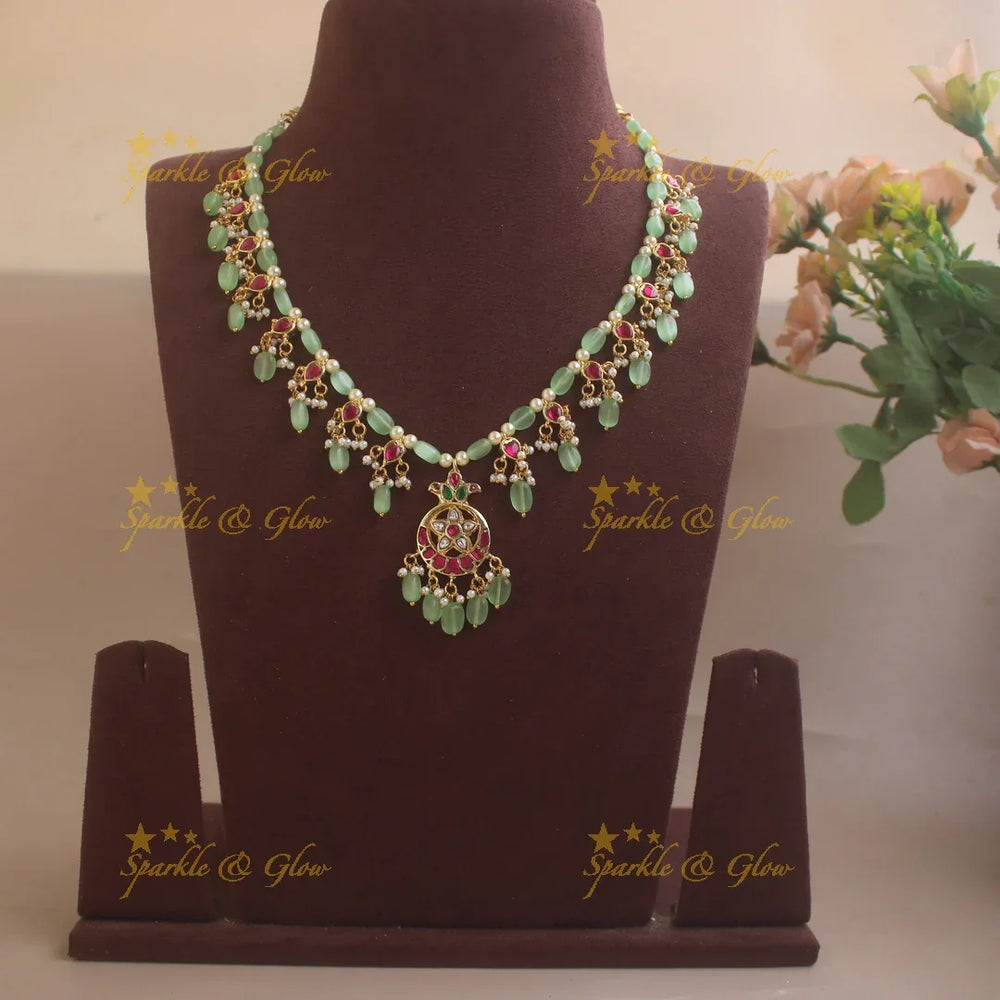 Statement Moon Floral short necklace with Mint green beads - Sparkle and Glow