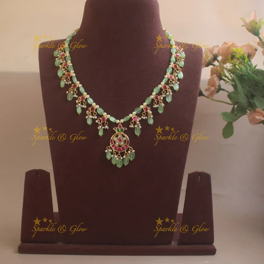 Statement Moon Floral short necklace with Mint green beads - Sparkle and Glow