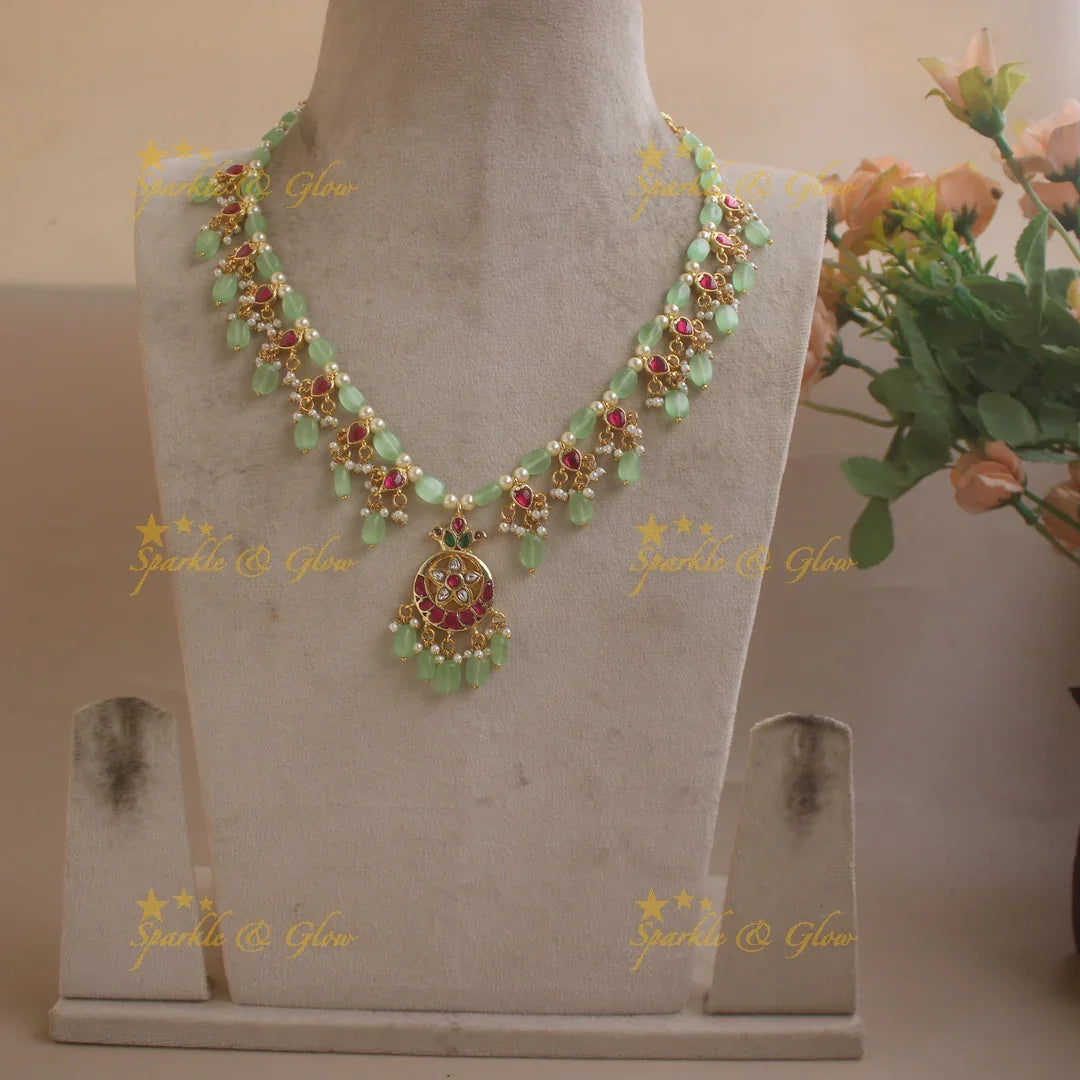 Statement Moon Floral short necklace with Mint green beads - Sparkle and Glow